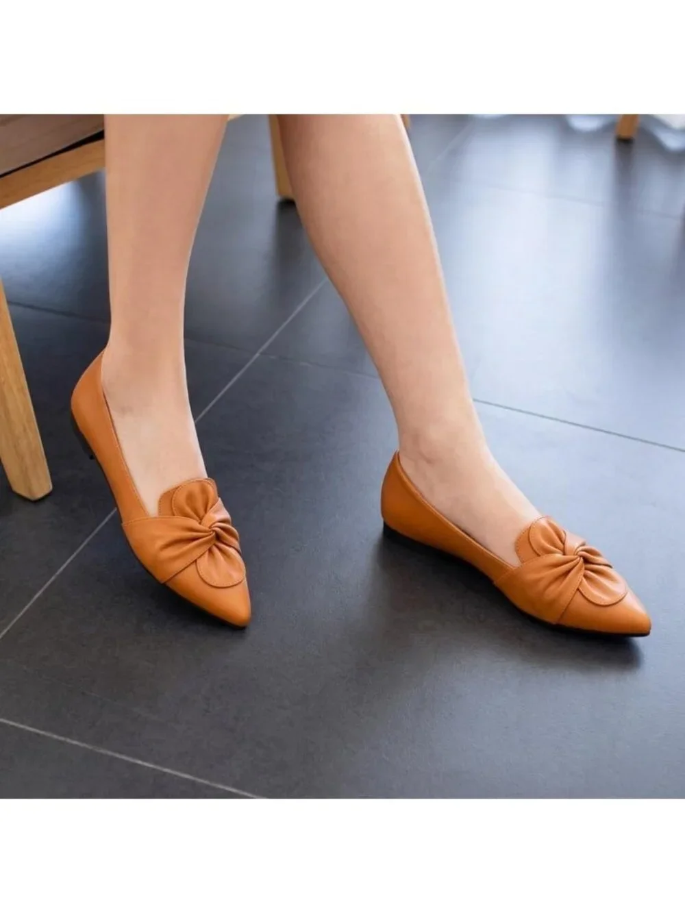 Women's Brown Soft PU Leather Pointed Toe Ballet Flat Non-Slip Rubber Sole Shoes
